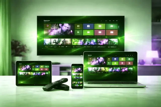 The same IPTVNinja credentials signed in on a television, tablet, laptop and phone