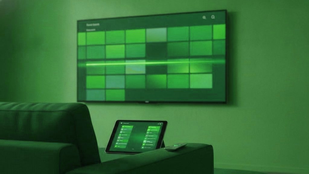 A TV showing a programme guide grid with a tablet and phone showing channel lists on a sofa