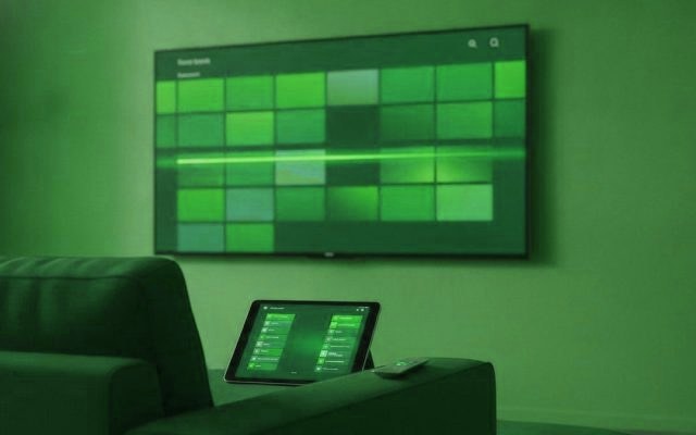 A TV showing a programme guide grid with a tablet and phone showing channel lists on a sofa