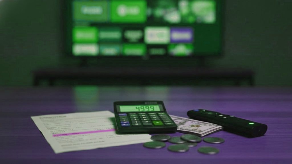 A calculator, dollar bills, coins, a streaming stick and a remote on a table in front of a TV