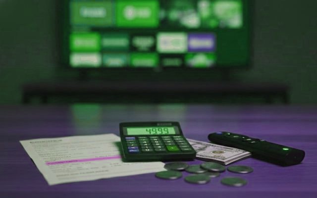 A calculator, dollar bills, coins, a streaming stick and a remote on a table in front of a TV