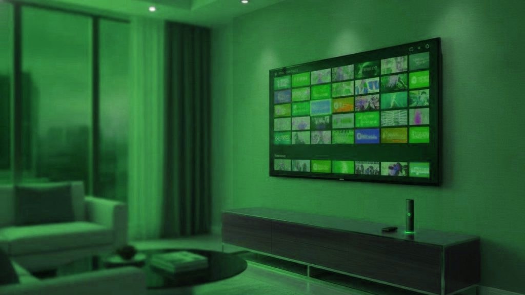 A living-room TV showing an IPTV channel guide with a streaming stick on the console